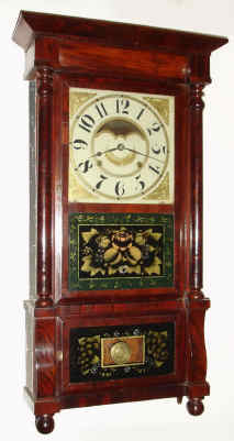 C.1839, Birge, Mallory and Co., Bristol, Conn, large Empire style column and cornice, mahogany veneer, with heavy strap brass movement, signed B M and Co. — Antique Clocks Price Guide