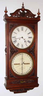 C.1880, Ithaca Calendar Clock Co., New York, Regulator No. 1, often called the "No. 1 Hanging Bank Clock" double dial perpetual wall calendar, 2-wt, in fancy walnut case. — Antique Clocks Price Guide