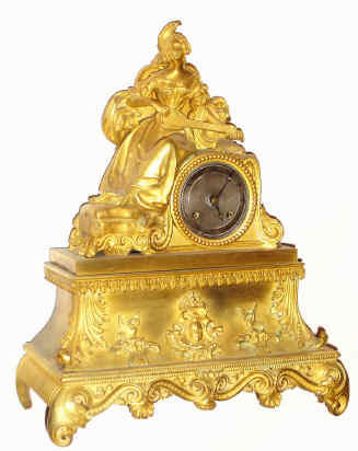 C.1840, French, Gilt Bronze Figural clock of a maiden in dress with mandolin, and with a good bell strike, silk thread suspension mov't. — Antique Clocks Price Guide