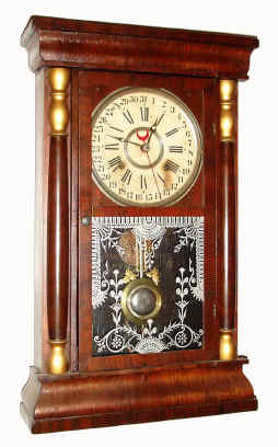 C.1887, Davis Clock Co., Columbus, Miss, (made by Wm. L. Gilbert for Davis), small column and cornice case with mahogany veneer, 8-day time and strike, with simple calendar. — Antique Clocks Price Guide