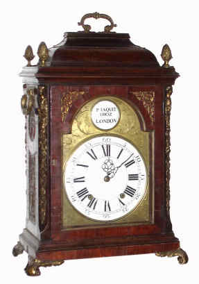 C.1780, P. Jaquet Droz, London, quarter striking walnut bracket clock in the Georgian style, 8-day silk suspension, crown verge. Droz was from the continent, was a clever mechanician, (see listing in Brittens) and made one clock for king of Spain. Case has caryatids, brass side frets, and pineapple finials. — Antique Clocks Price Guide
