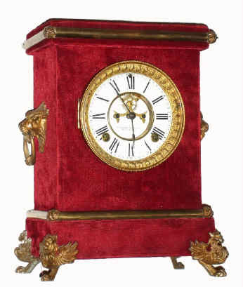 C.1880, Ansonia Clock Co, PLUSH model in dark maroon velour, 8-day time and gong strike, with open escapement dial. — Antique Clocks Price Guide