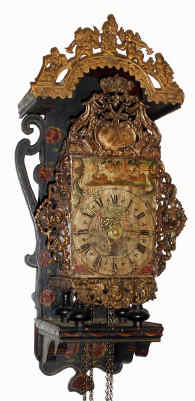 C.1790, Dutch, Stoelklok, time and strike wall clock, with early 'pot handle' ears, weight driven, one day. — Antique Clocks Price Guide