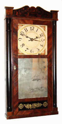 C.1835, Silas Hoadley, Plymouth, Conn, Franklin or "Time is Money" style column and splat, and with weight driven alarm [3-weights]. — Antique Clocks Price Guide