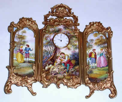 C.1900, European, Bi-fold Enameled Screen with lovers in 3 separate scenes, and with a Swiss key wind watch movement with porcelain dial. — Antique Clocks Price Guide