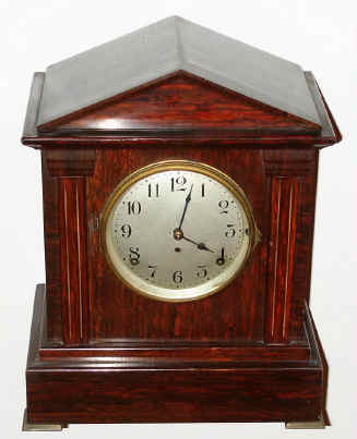 C.1914, Seth Thomas Clock Co., "Chime Clock No. 5", 8-day, 4-bell Sonora chime mantel clock in a mahogany Adamantine case, playing Westminster melody on qtr hour. Uses two separate movements as in all Sonoras. — Antique Clocks Price Guide