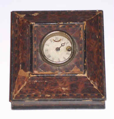 C.1870, Terry Clock Co., Odd paper veneered keepsake box with Terry clock in the lid. — Antique Clocks Price Guide