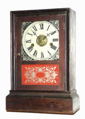 C.1860, Atkins Clock Co., Bristol, Conn, cottage model, time and strike with rosewood veneer and black accents around front. — Antique Clocks Price Guide
