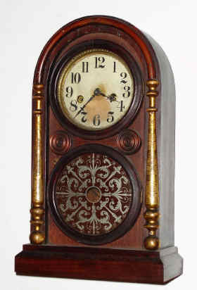 C.1875, E. Ingraham and Co., Gilt Column, Venetian, 30 hour time/strike, with interesting over-paste label of A. D. Smith, E. Fifth St, opposite Donnison house, Cincinnati, Ohio. — Antique Clocks Price Guide