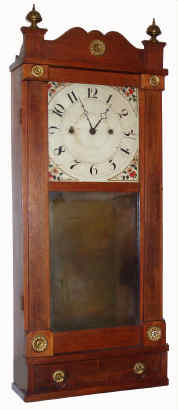 C.1835, Unsigned, New York State, pilaster and splat shelf clock with drawer in bottom, brass case trim, wooden groaner mov't. — Antique Clocks Price Guide