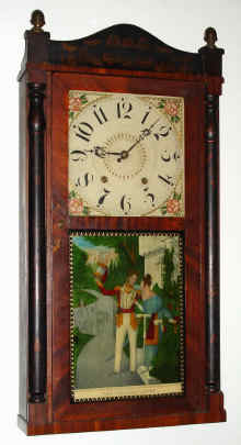 C.1835, Elisha Hotchkiss, Burlington, Conn, stenciled column and splat, 30 hour wooden works, time/strike, w/ original eagle hands. — Antique Clocks Price Guide