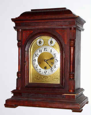 C.1915, German, Junghans, Westminster chime mantel clock, mahogany case with columns, 8-day. — Antique Clocks Price Guide