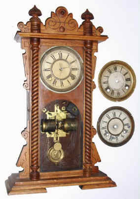 C.1891, Waterbury Clock Co., "Calendar No. 40", 8-day time and strike double dial calendar clock, needing work. — Antique Clocks Price Guide