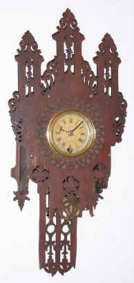 C.1885, American FRET WORK timepiece, as-found, some frets missing, 30 hour pendulum mov't. — Antique Clocks Price Guide