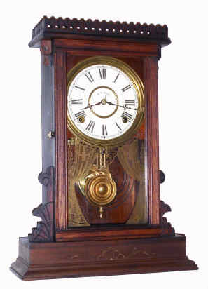 C.1885, E. N. Welch Mfg. Co., 8-day time and gong strike walnut mantel clock, with restorations. — Antique Clocks Price Guide