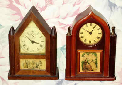 [Two items] C.1930, The Burroughs Co., lot of two miniature timepieces based on old designs. Movement were generally supplied by Gilbert. The label on the back for the steeple reads: "No.49 A- Steeple Gothic". The Beehive label reads: "No. 52 T - English Lancet". — Antique Clocks Price Guide