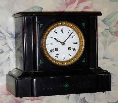 C.1900, French, Japy, Black Marble mantel clock with jade accents, 8-day time and gong strike. — Antique Clocks Price Guide