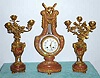 C.1880, French, 3-Piece Lyre Set, Brilliants swing from side to side, part of compound pendulum, in a rose colored marble case with ormolu trim.