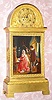 C.1840, French, Fine Ormolu Mantel Clock, with a hand painted porcelain plaque of two early-19C musicians in court dress, a lady playing the piano or harpsichord, and a gentleman playing a mandolin, displayed in a classic Empire case with cast decorations, a harp on each side, and the silk thread movement with the markings UE-188 and with matched number pendulum.