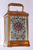 C.1900, French, Brass Cased Carriage clock with 4 enameled panels, the dial rt and lt and top panel all decorated with multi-colored cloisonne flowers against an aqua background, time, gong strike and repeat, 8-day lever.