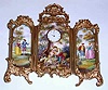 C.1900, European, Bi-fold Enameled Screen with lovers in 3 separate scenes, and with a Swiss key wind watch movement with porcelain dial.
