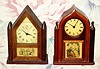[Two items] C.1930, The Burroughs Co., lot of two miniature timepieces based on old designs. Movement were generally supplied by Gilbert. The label on the back for the steeple reads: "No.49 A- Steeple Gothic". The Beehive label reads: "No. 52 T - English Lancet".