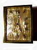 Art Deco Perfume Bottle Clock by Juvenia- "Le Numero 7 de Juvenia" in gilt and onyx case with Mother-of-Pearl multicolor AN dial, signed Dore Didisheim Goldschmidts Swiss, 3.75"H x 2.5"W.