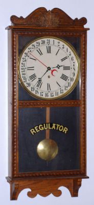 American, Store Regulator timepiece, with calendar, oak case, 8-day spring, C.1910. — Antique Clocks Price Guide