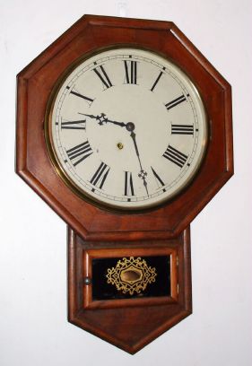 Atkins Clock Co., Bristol, Conn, short drop octagon school clock, 8-day, time. C.1870. — Antique Clocks Price Guide