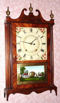 Samuel Terry, Plymouth, Conn, Pillar and Scroll shelf clock, with 30 hour, 2-wt, wooden movement, in a mahogany case. Lot includes a shelf from Albany, dated 1905; see detail foto. This clock stood in Mr. Goddard's dining room. C. 1827. — Antique Clocks Price Guide