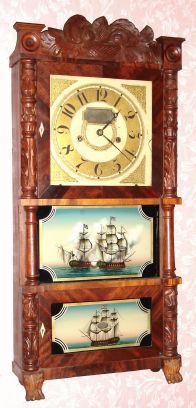 Barnes, Bartholomew and Co., Bristol, Conn, triple deck shelf clock, 2-wt, 8-day, time and gong strike, carved column and splat with paw feet, mahogany. C. 1835. — Antique Clocks Price Guide