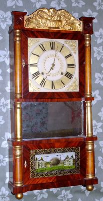 C. and L. C. Ives, Bristol, Conn, triple decker shelf clock, faux marble w/ gilt caps columns, and with large Joseph Ives, strap brass, roller pinion movement, 8-day, 2-wt. C. 1835. — Antique Clocks Price Guide