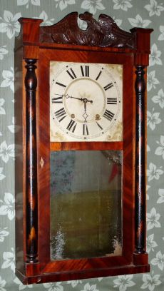 Riley Whiting, Winchester, Conn, half column and carved splat shelf clock, 30-hour wooden works movement, 2-wt, time and strike. C. 1834. — Antique Clocks Price Guide