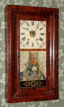 Hill, Goodrich and Co., Plainville, Conn, OG shelf clock, mahogany veneer, 8-day time and strike, 2-wt, uncommon cast iron back-plate movement. C. 1840. — Antique Clocks Price Guide