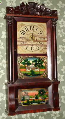 Forestville Mfg. Co., full column and carved splat shelf clock, 8-day time and strike, 2-wt. C. 1840. — Antique Clocks Price Guide
