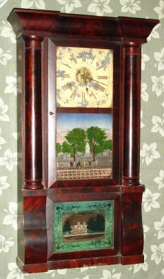 Birge, Peck and Co., Bristol, Conn, Column and Cornice shelf clock, 8-day, 2-wt, with "The Breeze" Puffin' Locomotive label. C.1850. — Antique Clocks Price Guide