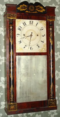 Chauncey Boardman, Bristol, Conn, stenciled half column and splat shelf clock, 30-hour time and strike wood movement, "groaner". C.1830. — Antique Clocks Price Guide