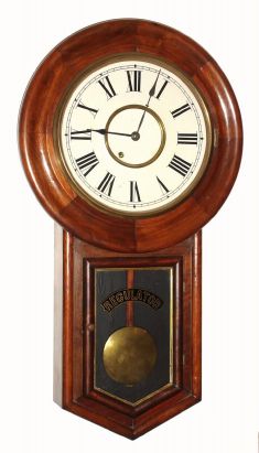 New Haven Clock Co., "REGULATOR", walnut cased round top long drop, 8-day timepiece, spring movement. C.1880. — Antique Clocks Price Guide