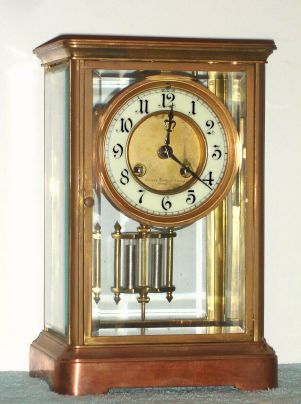 French, Japy Freres, brass cased crystal regulator, for Bailey, Banks and Biddle, Philada, 8-day time and gong strike. C.1900. — Antique Clocks Price Guide