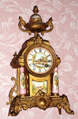 French, Samuel Marti, gilt metal with porcelain china accents, mantel clock, 8-day time and gong strike. C.1890. — Antique Clocks Price Guide