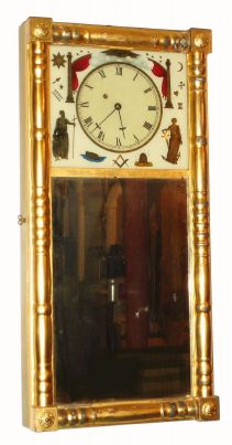 Modern reproduction of a New Hampshire Mirror clock, 8-day, weight driven, with a quality movement by Kilbourn and Proctor (repro Morrill wheelbarrow style movement with scape and pendulum to the right). C.1980. — Antique Clocks Price Guide