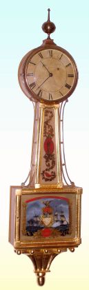 Boston area banjo, T-Bridge movement, possibly by A. Willard, Jr, slender round head, dial to edge of head, 8-day, weight, barb hands, with restorations. C.1825. — Antique Clocks Price Guide