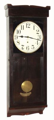 New Haven Clock Co, New Haven Conn. "No. 3043" model, 8 day time brass mvt in hardwood case with mahogany finish, spring driven. C. 1917. — Antique Clocks Price Guide
