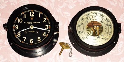 Chelsea Wartime SHIPS BELL, for the U. S. Maritime Commission, 6" dial in a bake-lite case with metal reinforcement, serial No. 390135, and with /almost/ matching bakelite cased barometer. (two items). C.1942. — Antique Clocks Price Guide