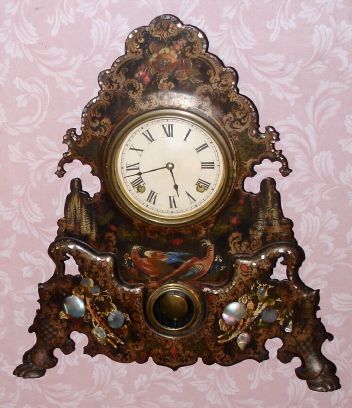 American Clock Co. (?), Iron front with MOP and paint decorations, now with NEW 8-day spring movement. C.1860. — Antique Clocks Price Guide