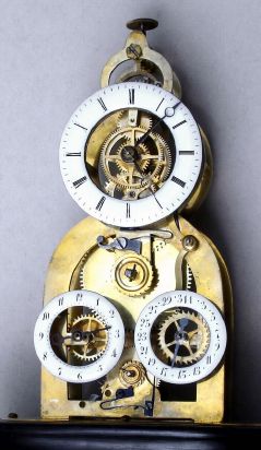 French, Mini Skeleton Clock with calendar and alarm, one of 3 styles made for sale at the Great Exhibition of 1851 in London. C.1851. — Antique Clocks Price Guide