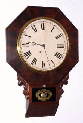 Daniel Pratt, Jr, Reading Mass, short drop octagonal model, 8 day time brass mvt in mahogany veneer case with 12" dial, spring driven. C. 1855.. — Antique Clocks Price Guide