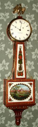 Foster S. Campos, mahogany cross banded banjo clock, 8-day weight, signed in 4 places, and with Boston State House tablet. C.1985 (dated case). — Antique Clocks Price Guide