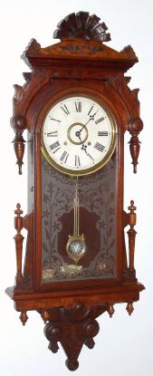 F. Kroeber Clock Co., New York, "REGULATOR No. 33" in walnut, and with pattern glass tablet, 8-day time and strike, spring. C.1880. — Antique Clocks Price Guide