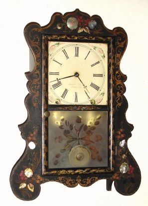 Brewster Mfg. Co., Bristol, Conn, Stenciled SCROLL FRONT, 8-day time and gong strike, spring, with cut/frosted glass tablet. C.1853. — Antique Clocks Price Guide